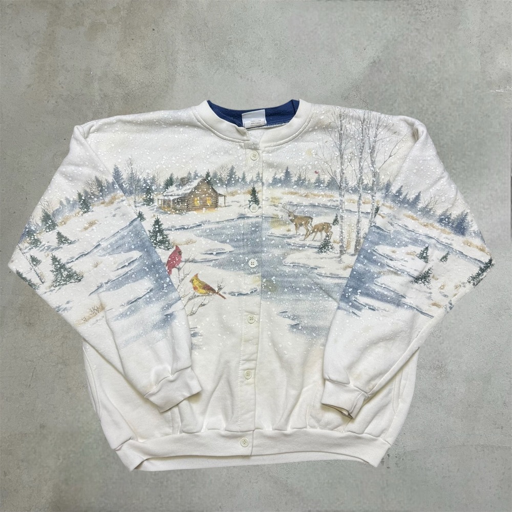 Vintage Artisans Sweatshirt Women Large White Winter Cabin Deer Cardinal Fleece